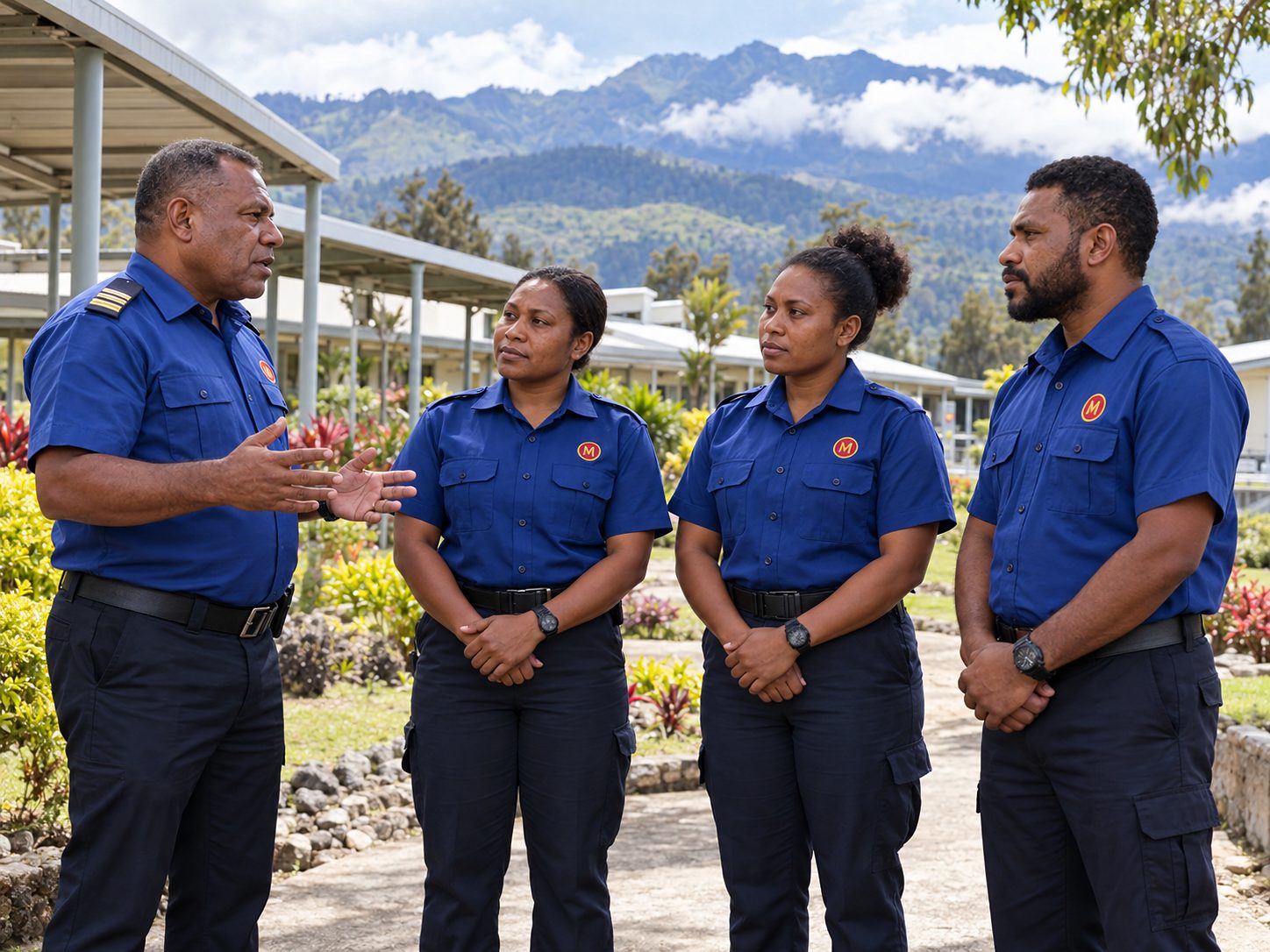 A Manaka supervisor briefing three uniformed officers outdoors at a site in the Highlands